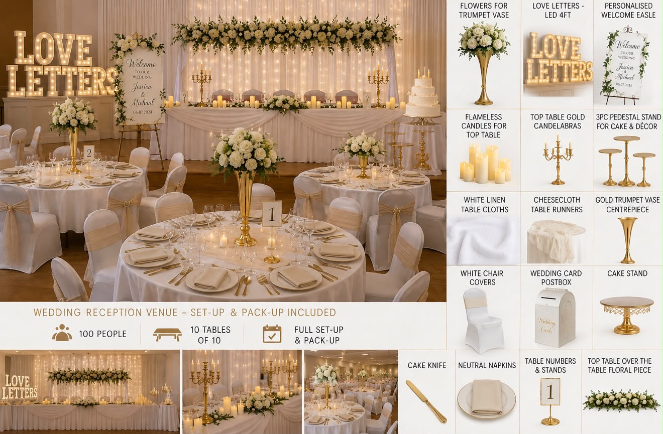 Wedding reception setup with elegant white tables, gold accents and floral styling